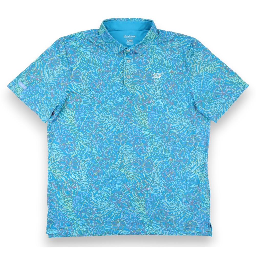 Good Good Polo Shirt Mens XL Blue Tropical Floral Golf Performance Stretch